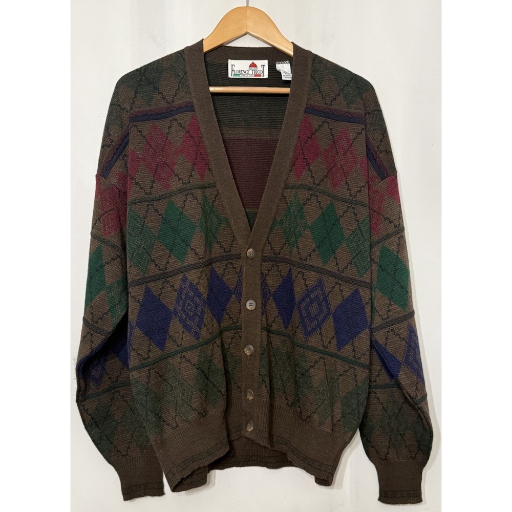 Florence Tricot Sweater Mens L Brown Argyle Cardigan Grandpa Wool Blend Italy